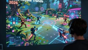 Геймер изучает голографическое поле боя, отражающее тренды Battle-Royale 2026 и эволюцию жанра
